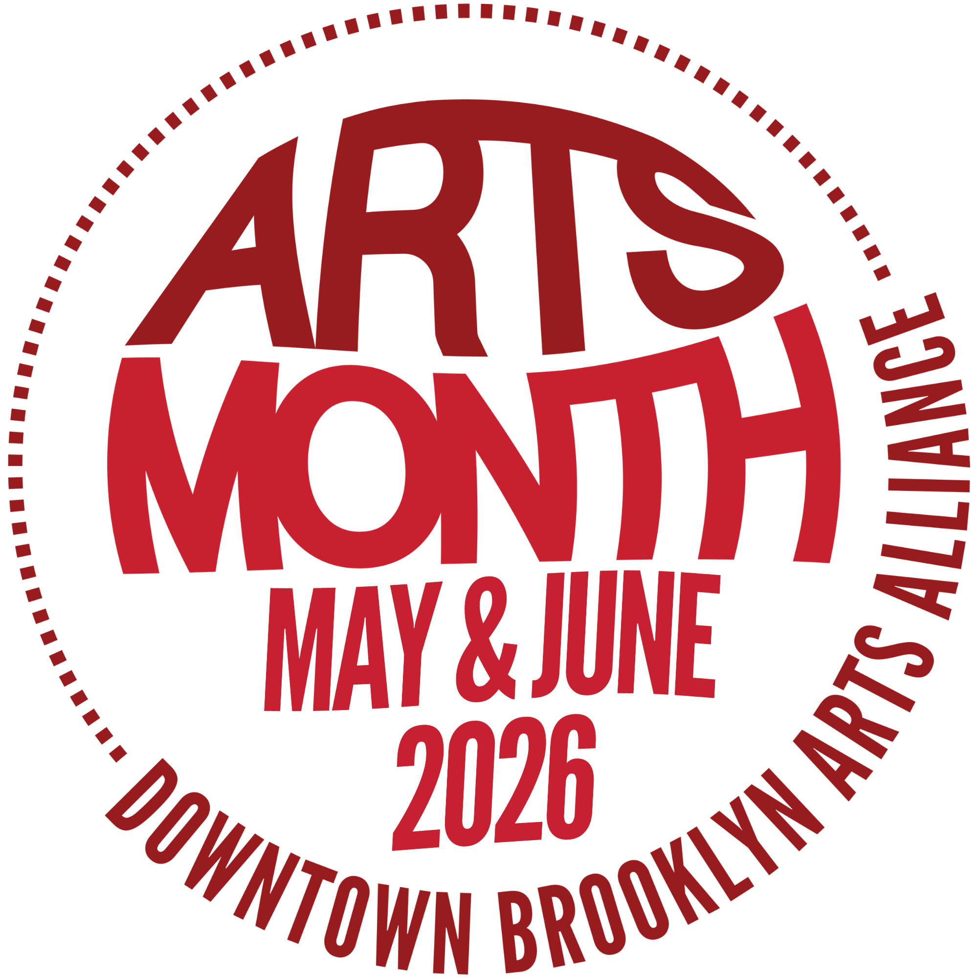 Logo for Arts Month, featuring the words 'Arts Month' in bold red letters, along with 'May & June 2026' and 'Downtown Brooklyn Arts Alliance' in smaller text.